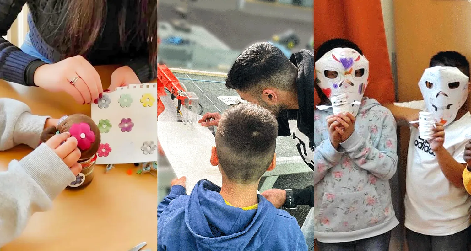 Fotocollage von Arbeiten der OGS-Kinder mit Gips und Papier