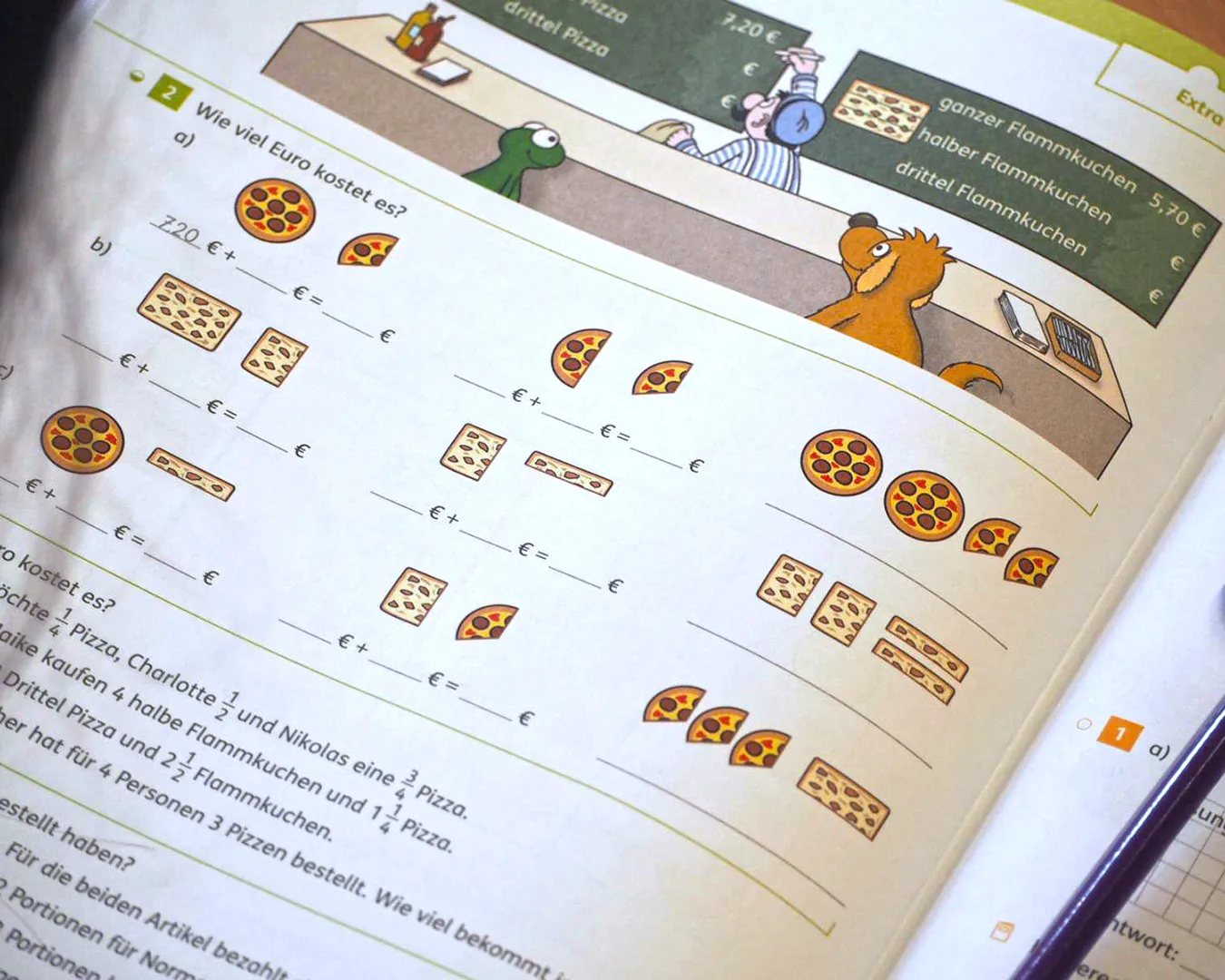 Eine Seite des Mathematikunterrichts mit Aufgaben zur Bruchrechnung